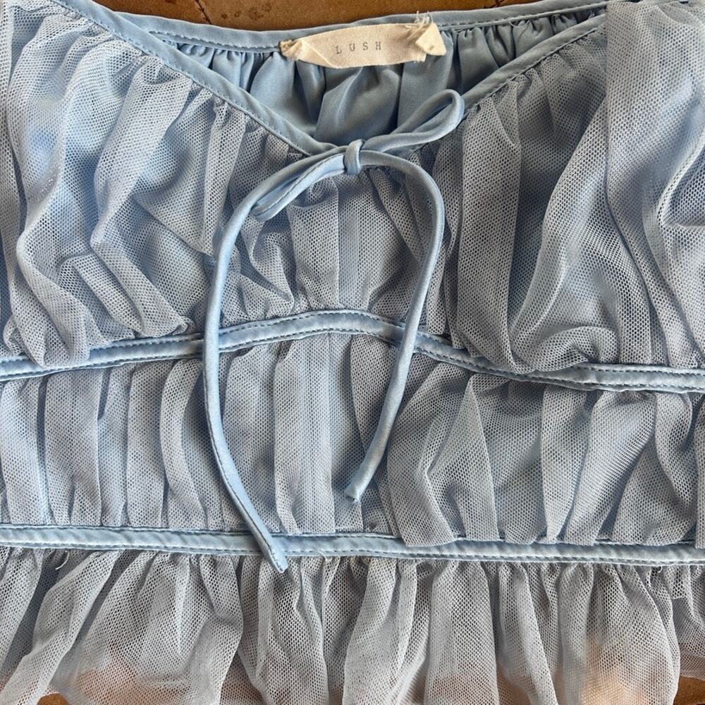 Fairy Milkmaid Mesh Babydoll Crop Top Puff Sleeve Romantic Blue Coquette S - Picture 10 of 10